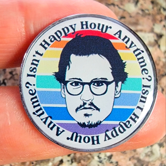 *2 for $13* Johnny Depp "Isn't Happy Hour Anytime?" Round Badge Enamel Pin - Picture 1 of 3
